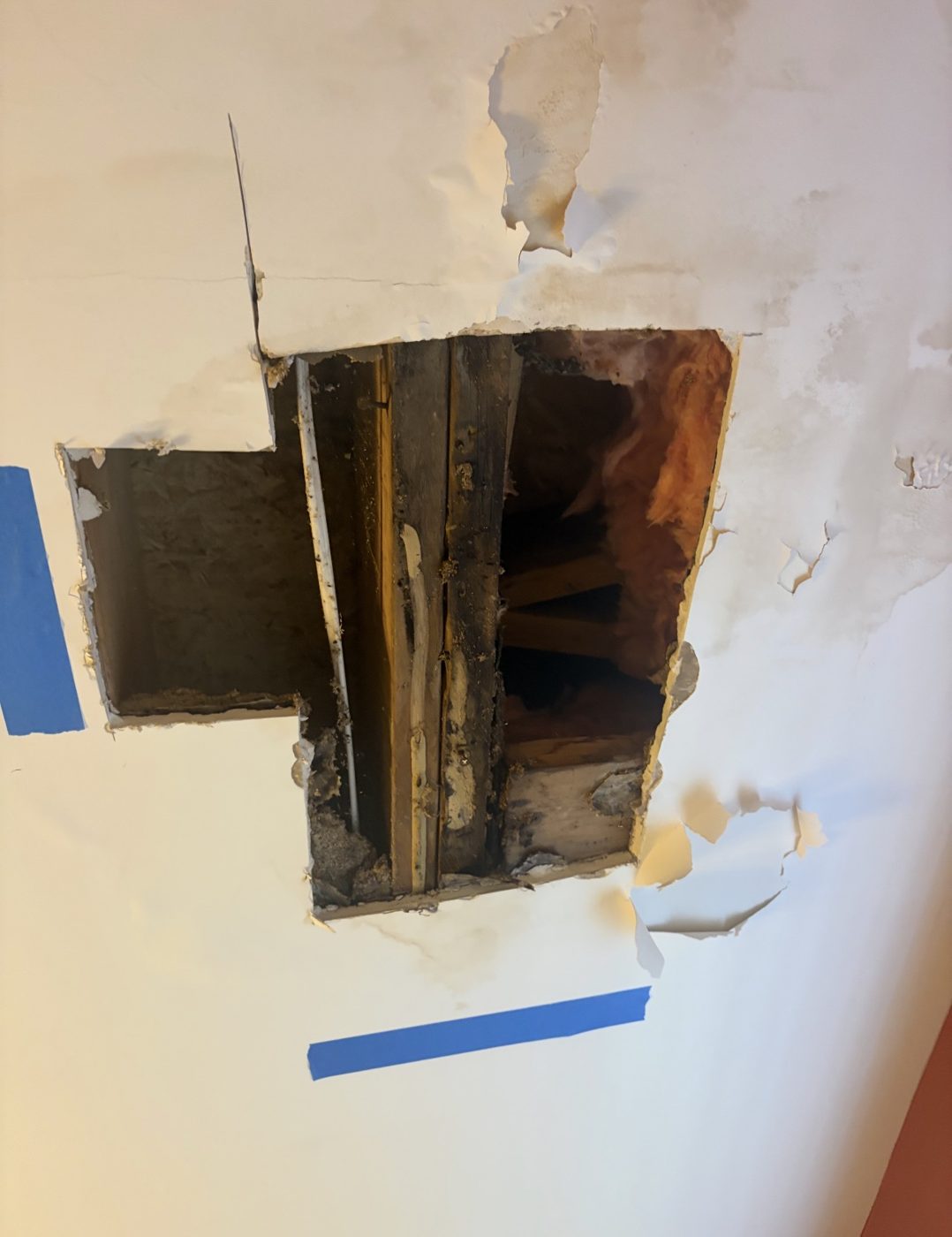 Water damage found behind a ceiling